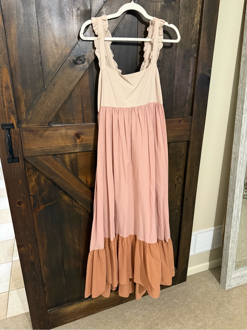 Stitch drop Ruffle Strap Colorblock Maxi Dress - Pink, Cream & Tan